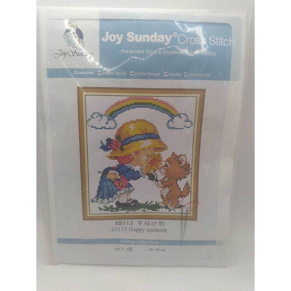 Joy Sunday Cross Stitch Kit Happy Moment Rainbow Cat Flowers 11 CT thread includ